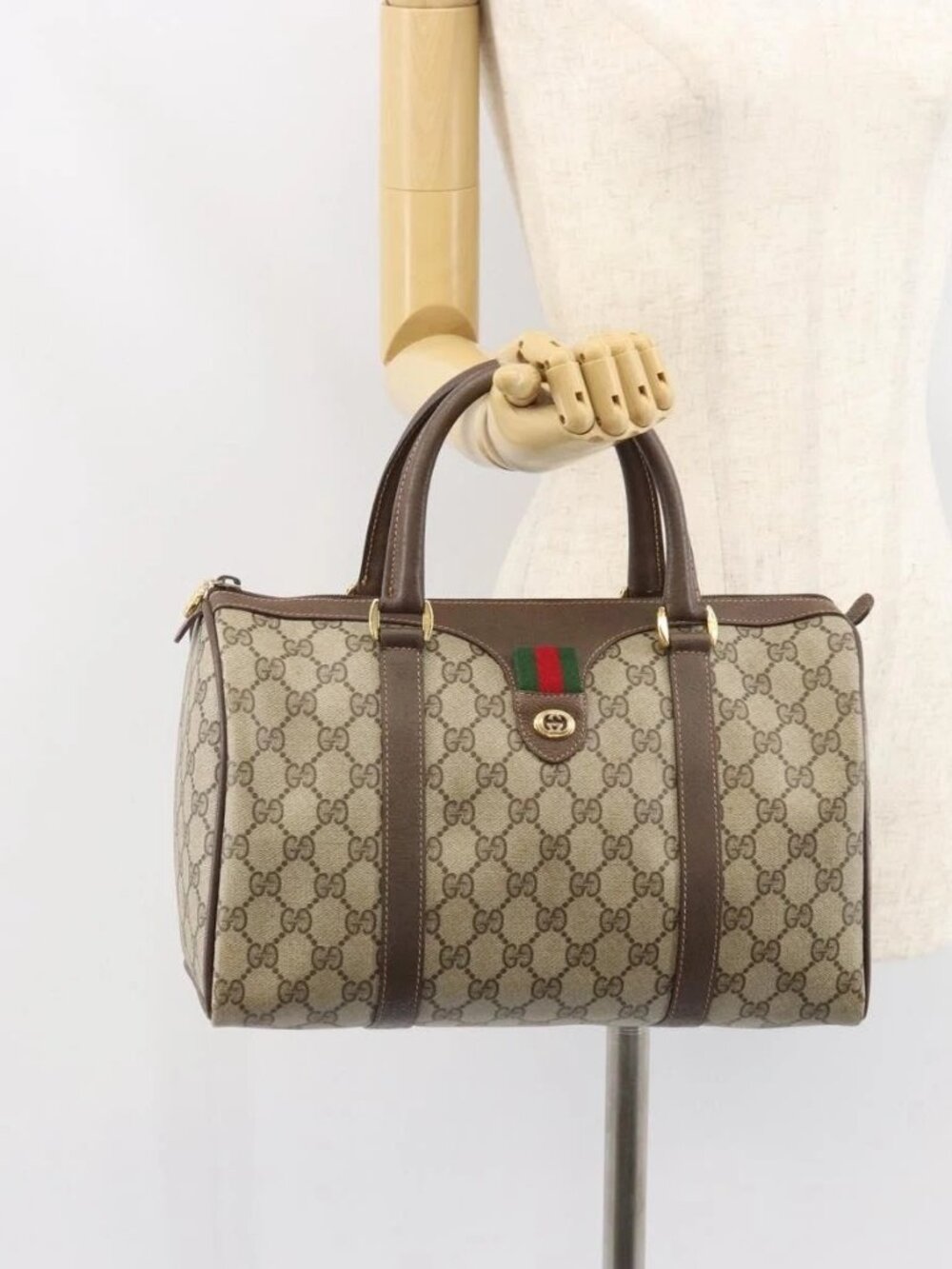 GUCCI GG Supreme Web Sherry Line Boston Bag PVC Beige Gold 40 02 007 Auth 164260